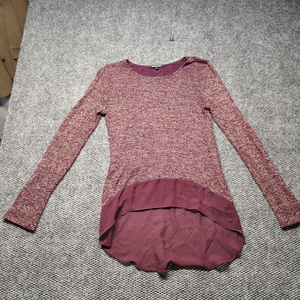 Gianni Bini Womens Burgundy Gold Metallic Knit Chiffon High Low Hem Top Medium